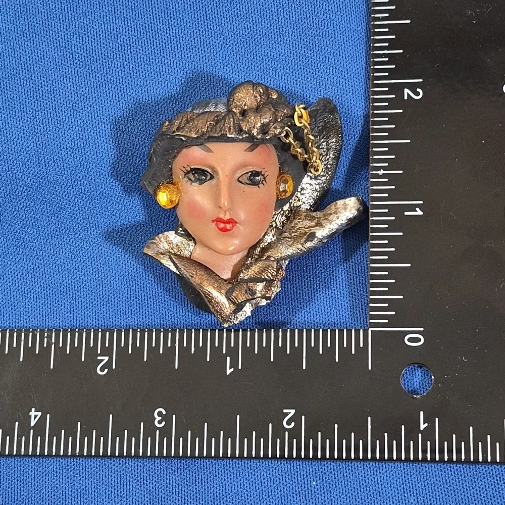 VTG Hand Painted Art Deco Lady Brooch Pin 2